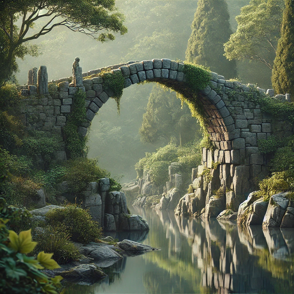 Ancient stone bridge, forest, river, DALL-E