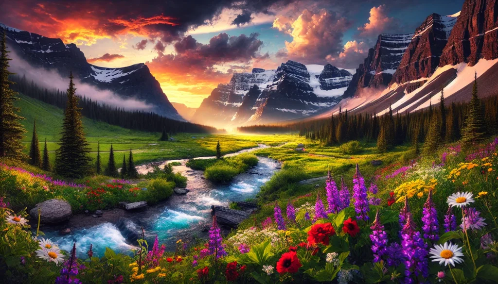 Mountain valley, wildflowers, sunset, river, DALL-E