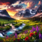 Mountain valley, wildflowers, sunset, river, DALL-E