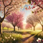 Cherry blossom trees, path, meadow, sunlight, DALL-E