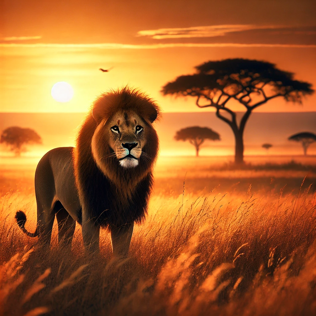 Lion, savanna, sunset, wildlife, DALL-E