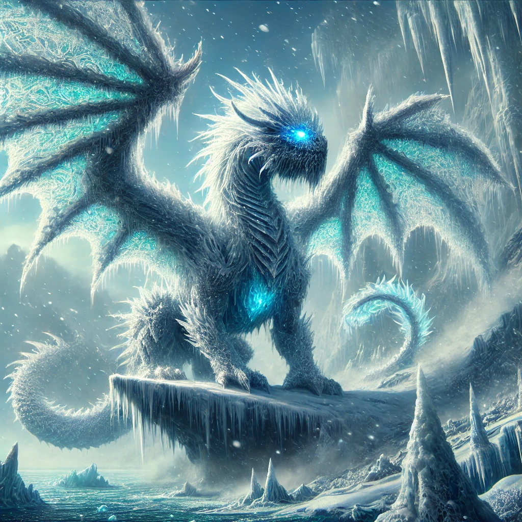 Ice dragon, icy landscape, fantasy creature, DALL-E