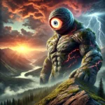 Stone giant, mountain, storm, fantasy creature, DALL-E