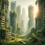 Abandoned city, overgrown, nature reclaiming, DALL-E