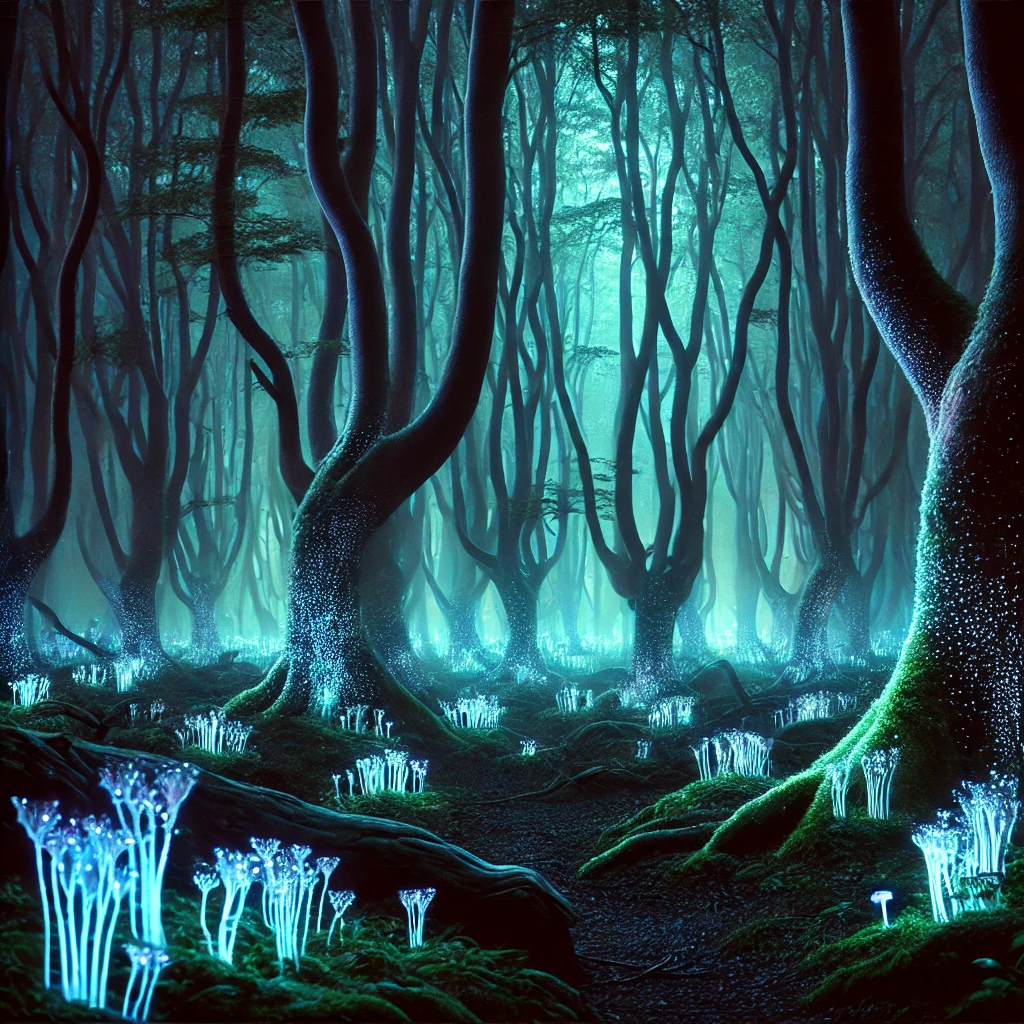 Enchanted forest, glowing mushrooms, magical, DALL-E