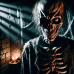 Skeleton in gothic jail, dark fantasy, DALL-E