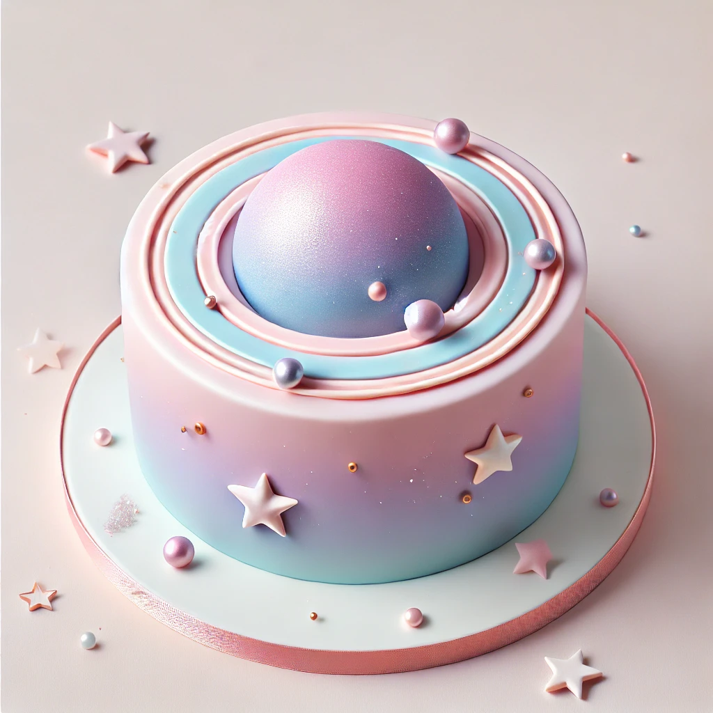 Galaxy cake, planets, stars, baking, DALL-E