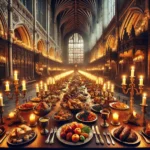 Medieval feast, banquet hall, candles, DALL-E