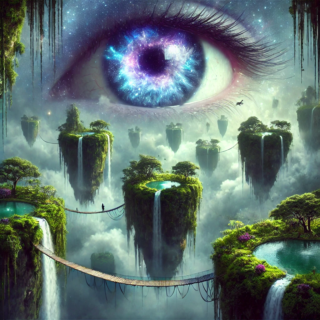 Surreal eye, floating islands, fantasy landscape, DALL-E