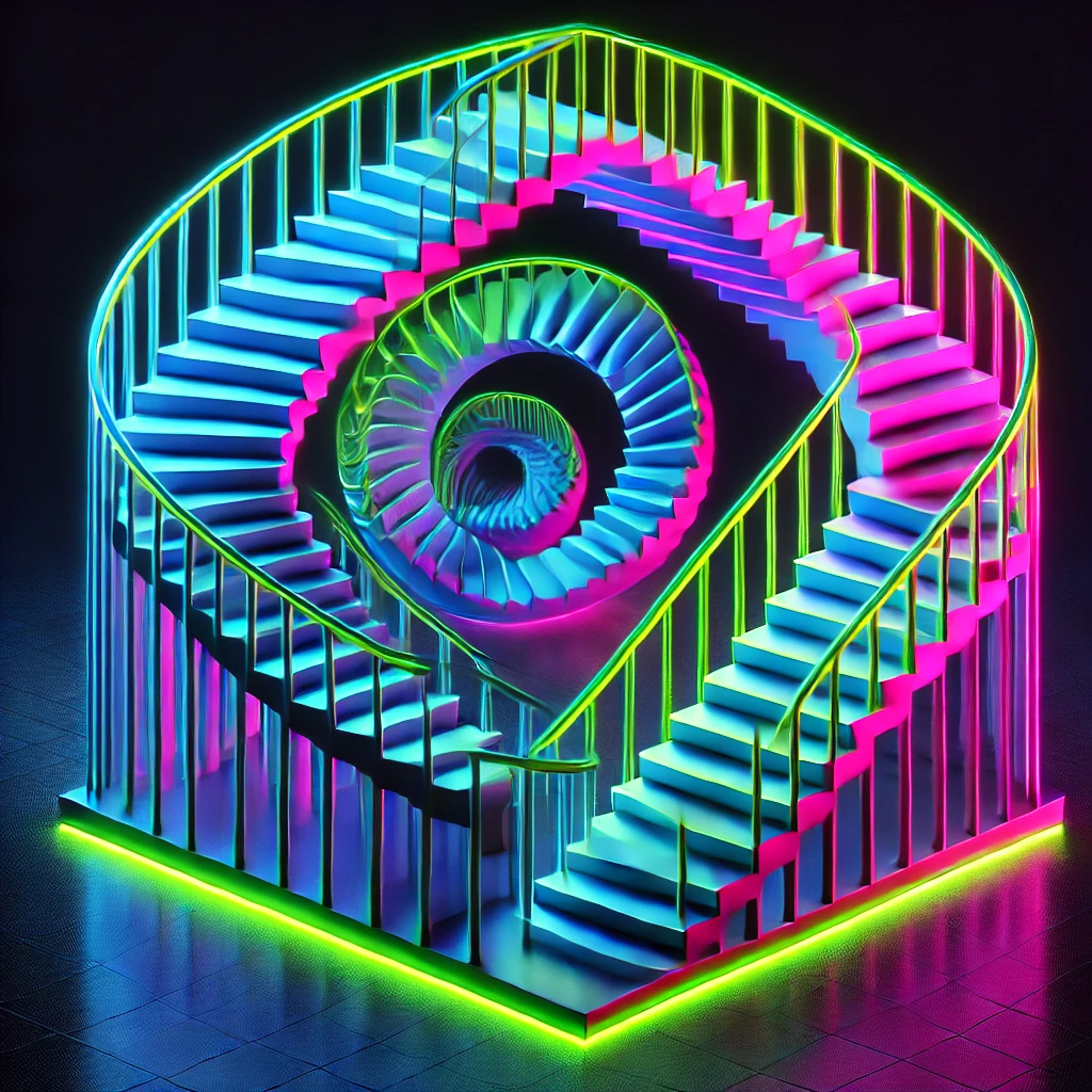 Neon staircase, infinity loop, surreal, DALL-E