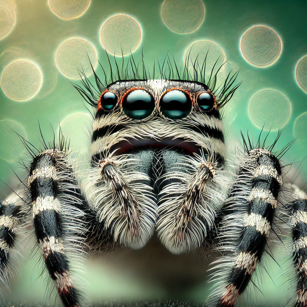 Jumping spider, macro photography, colorful, DALL-E