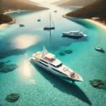 Yachts, turquoise water, aerial view, luxury, DALL-E