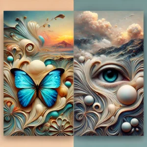 Surreal diptych, butterfly, eye, DALL-E