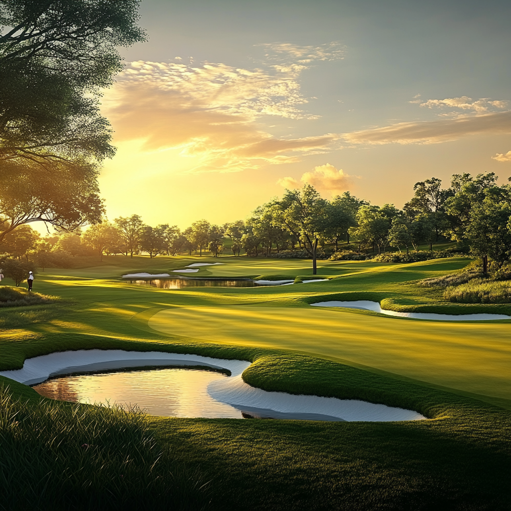 Golf course, sunset, landscape, serene, Midjourney