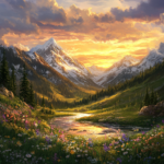 Mountain landscape, sunset, wildflowers, river, Midjourney