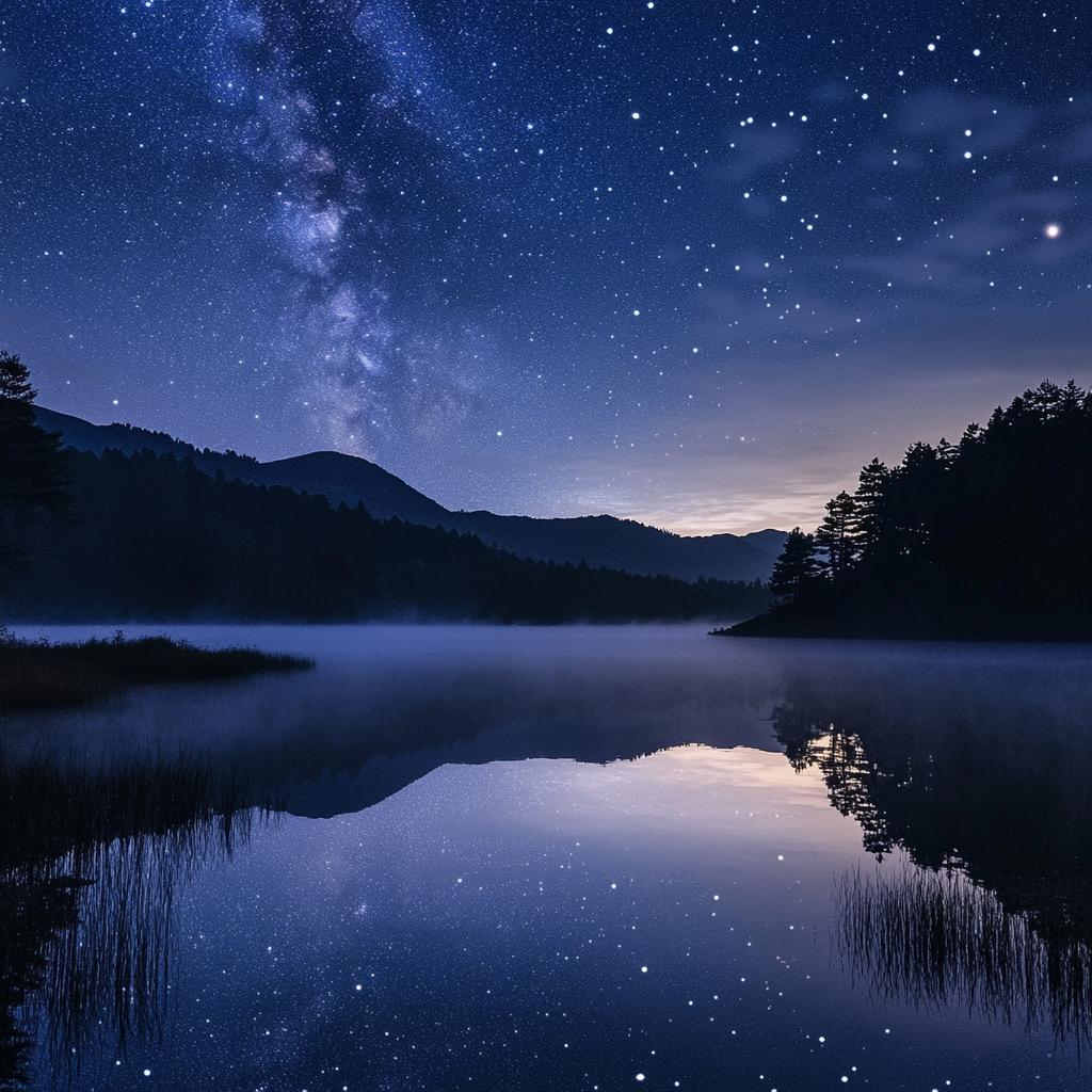 Night sky, Milky Way, lake, mountains, stars, Midjourney