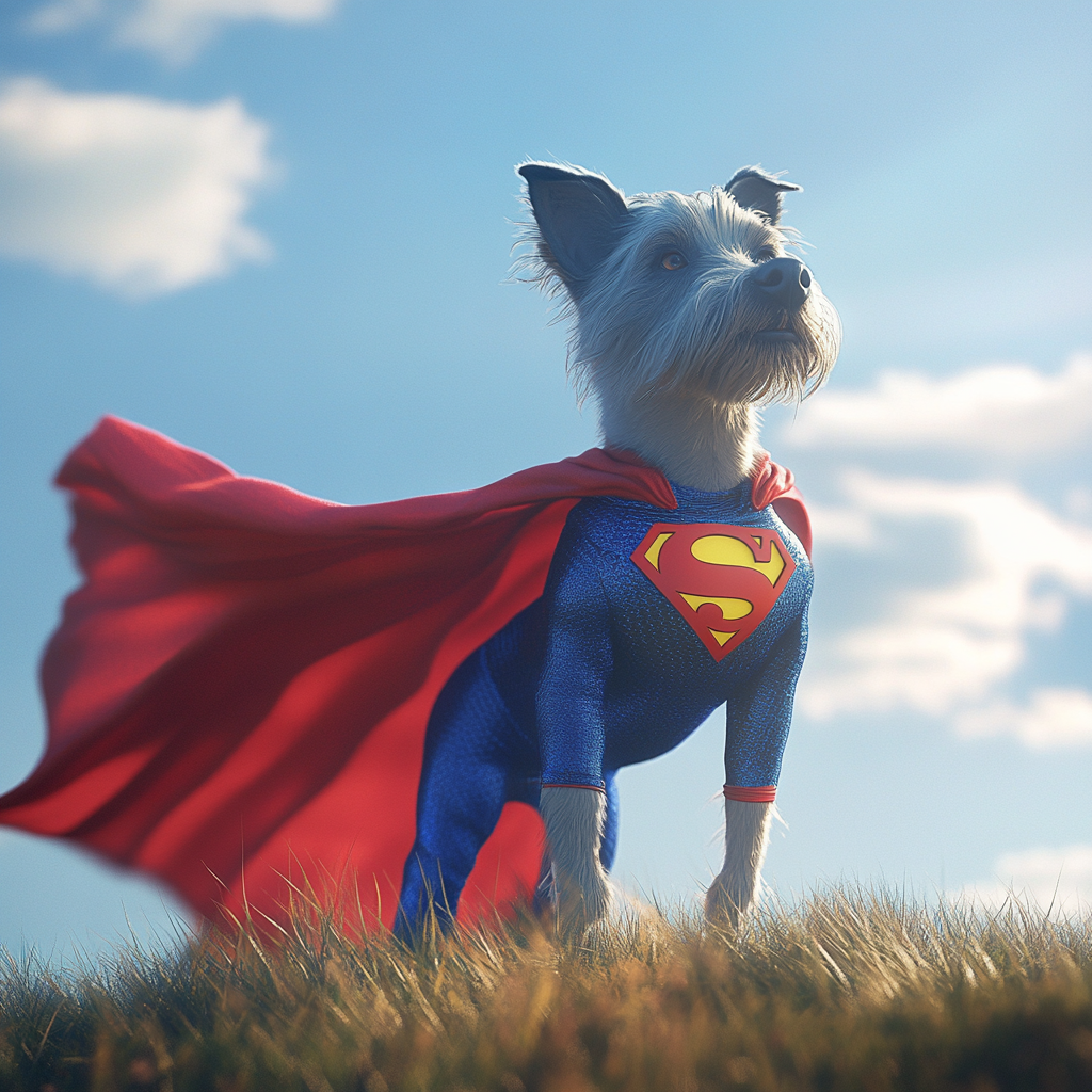 Dog, Superman costume, superhero, Midjourney