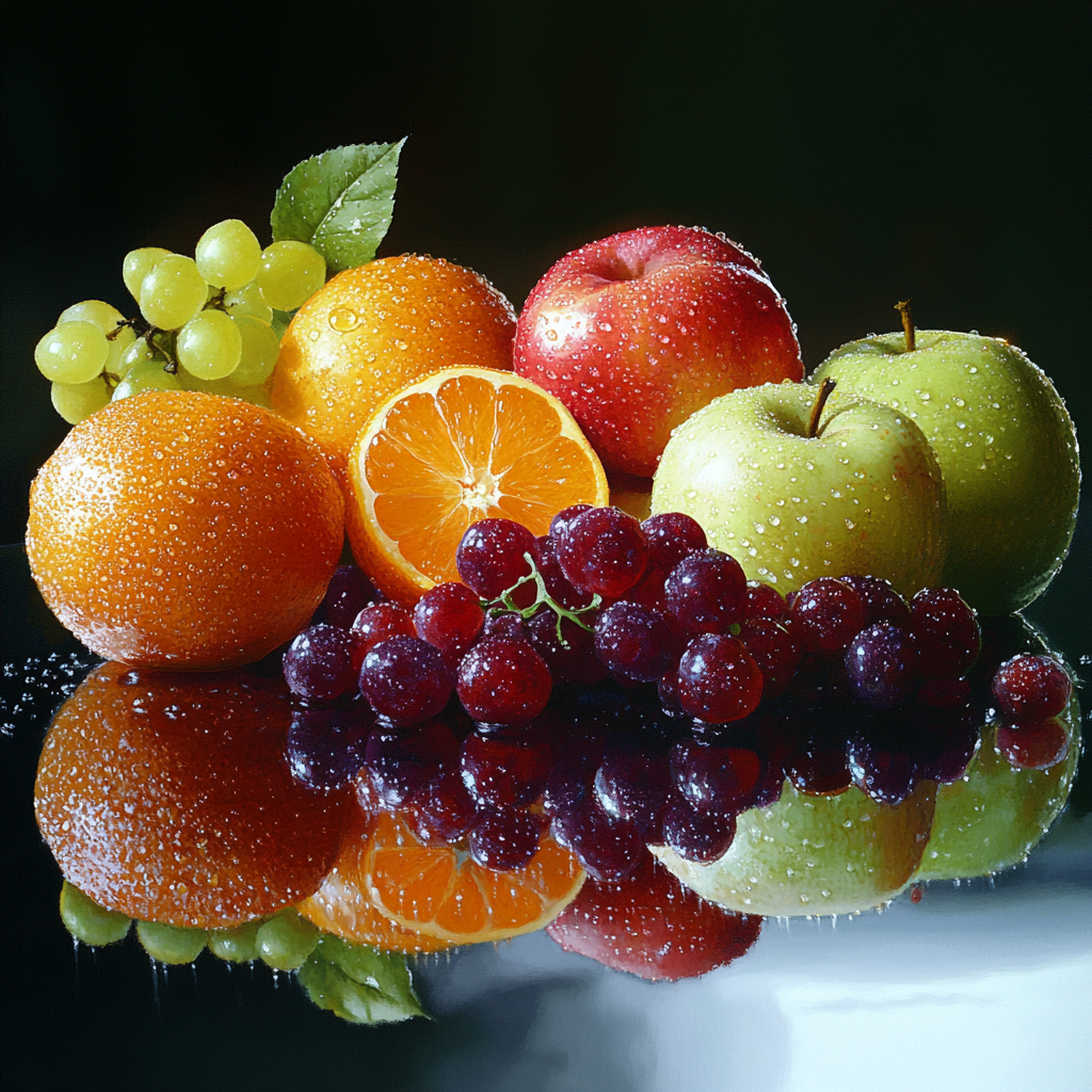 Fresh fruit, still life, apples, oranges, grapes, Midjourney