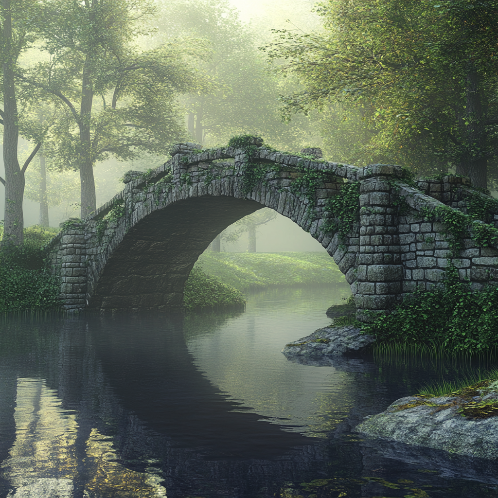 Stone bridge, misty forest, river, Midjourney
