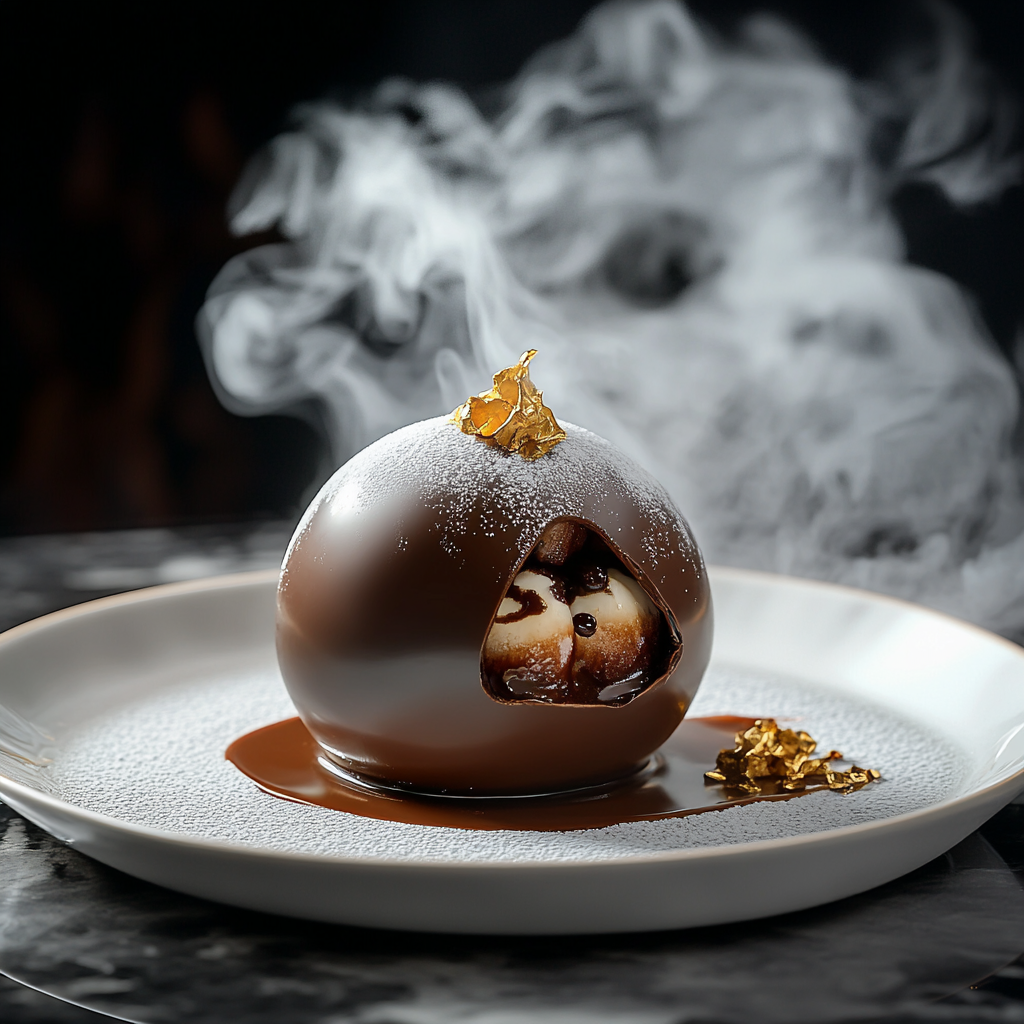 Chocolate dessert, smoke, gourmet, Midjourney