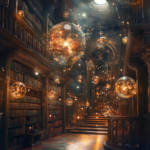 Midjourney generated enchanted library scene with magical elements
