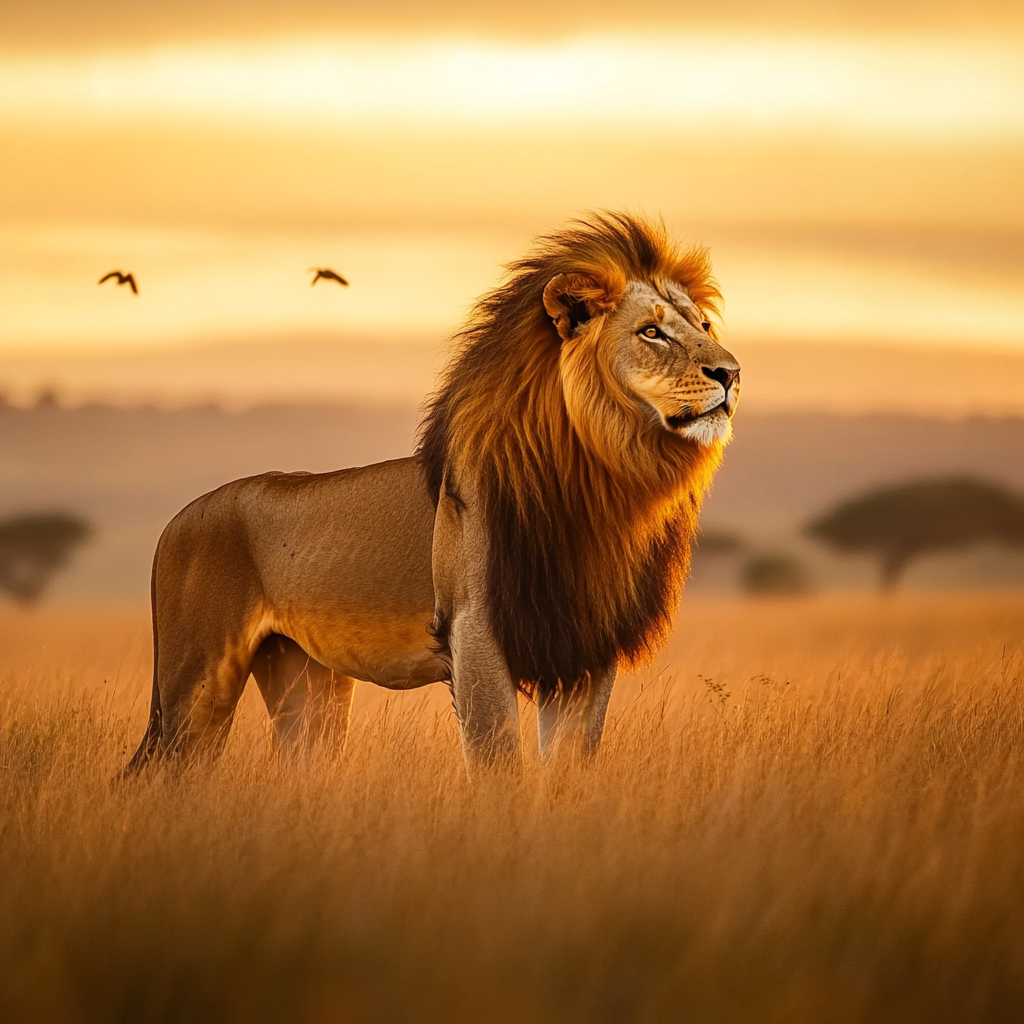 Lion, savanna, sunset, wildlife, Midjourney