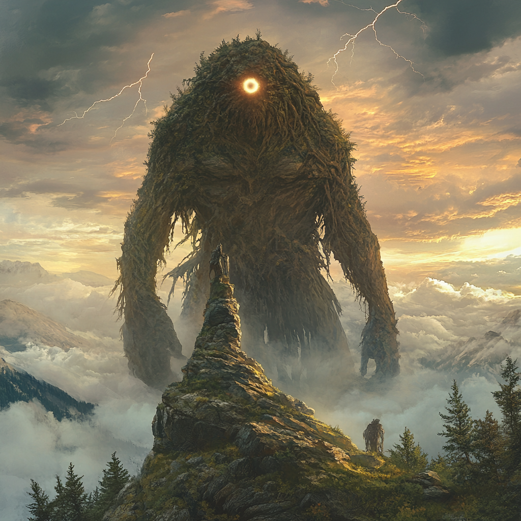 Giant, mountain, storm, fantasy creature, Midjourney