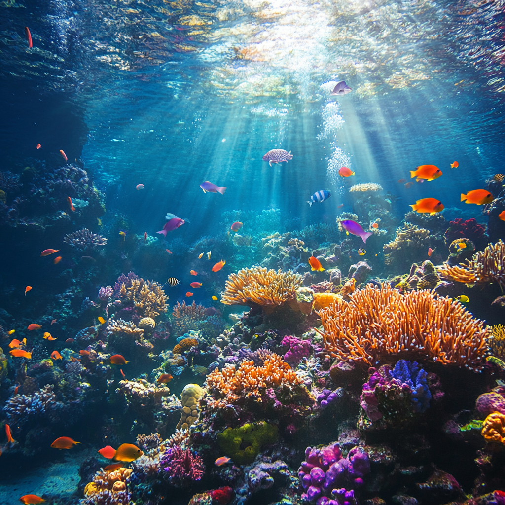 Coral reef, tropical fish, underwater, sunlight, Midjourney