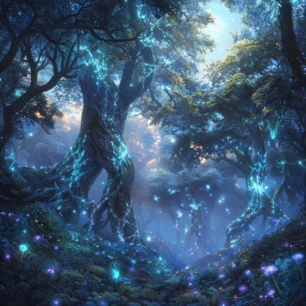 Enchanted forest, glowing plants, magical, Midjourney