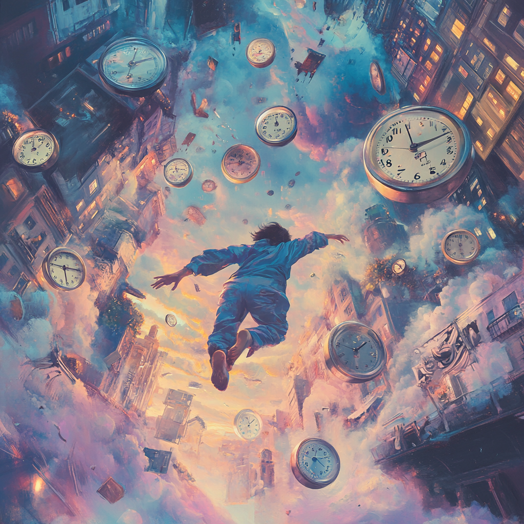 Falling through time, clocks, surreal, Midjourney