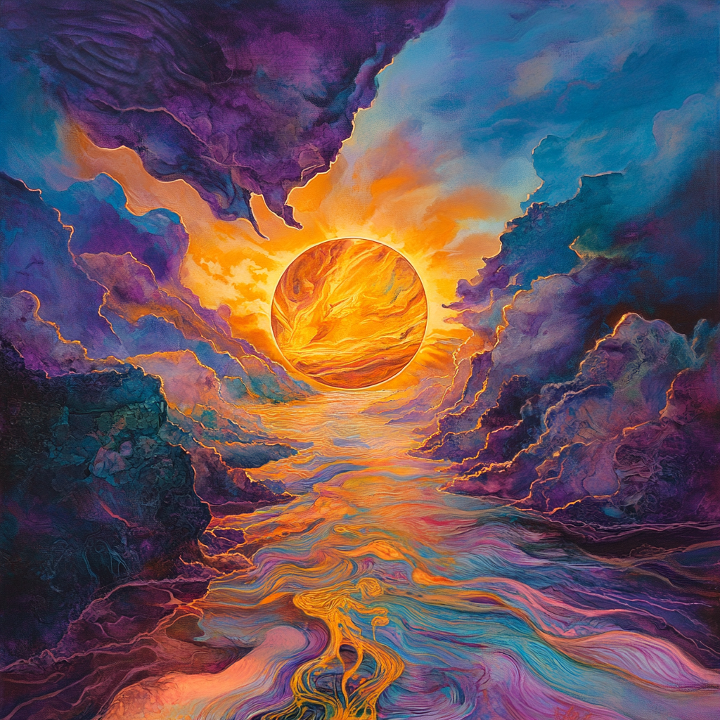 Abstract landscape, sun, clouds, vibrant colors, Midjourney