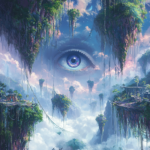 Surreal eye, floating islands, fantasy landscape, Midjourney