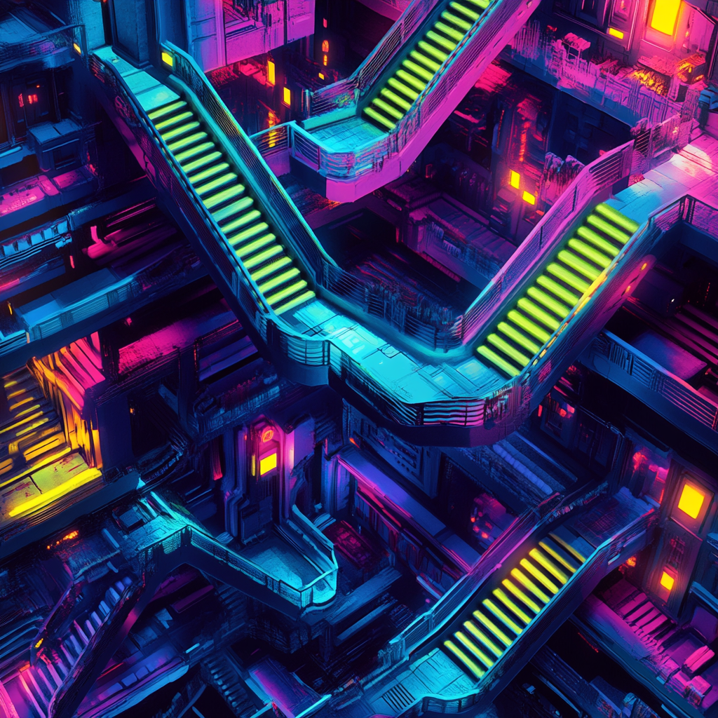 Neon city, stairs, cyberpunk, Midjourney