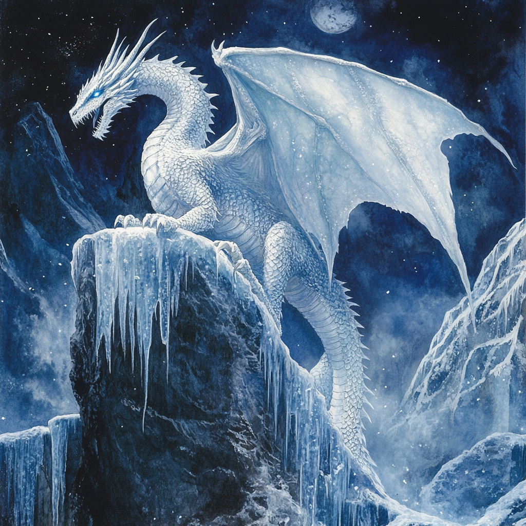Ice dragon, mountains, moon, fantasy, Midjourney
