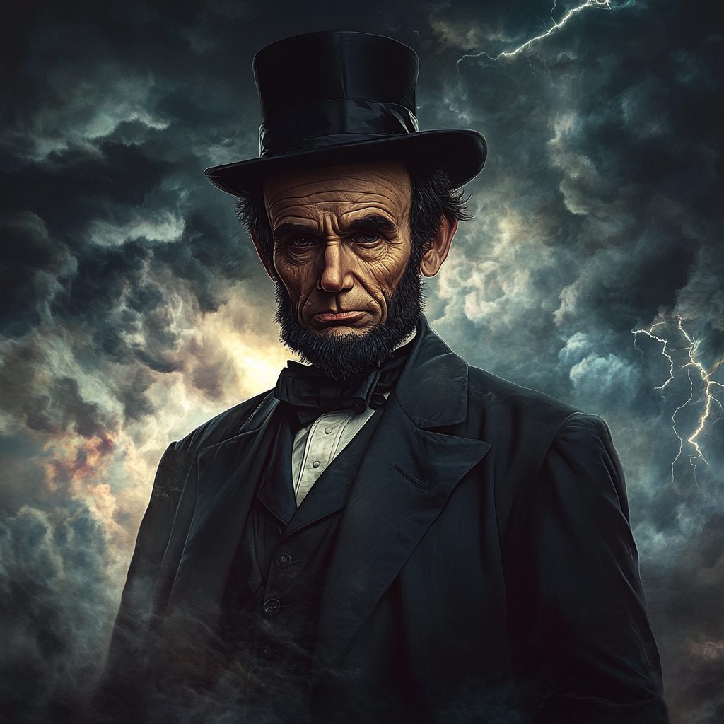 Abraham Lincoln, storm, determination, leadership, Midjourney