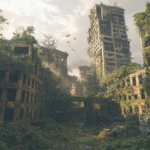 Abandoned city, overgrown buildings, post-apocalyptic, Midjourney