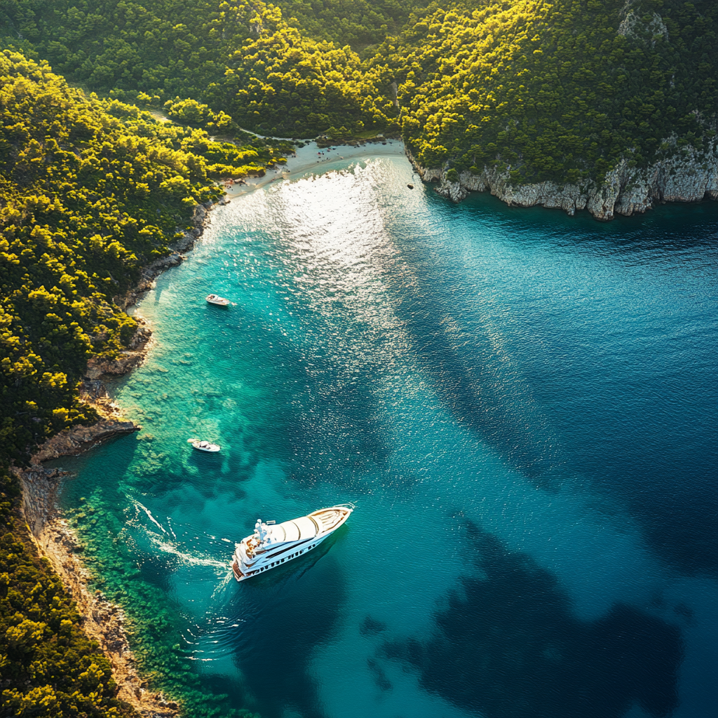 Secluded beach, yacht, turquoise water, aerial view, Midjourney