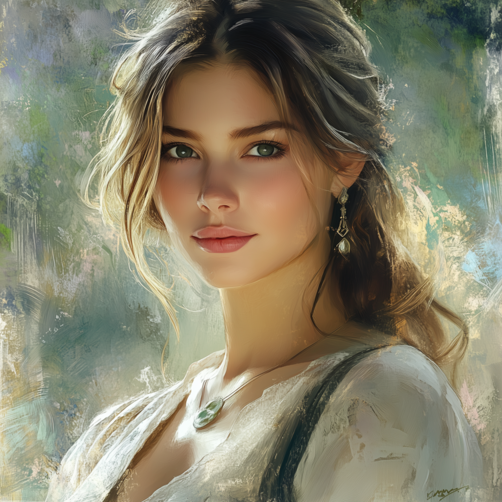Serene woman portrait, peaceful expression, Midjourney