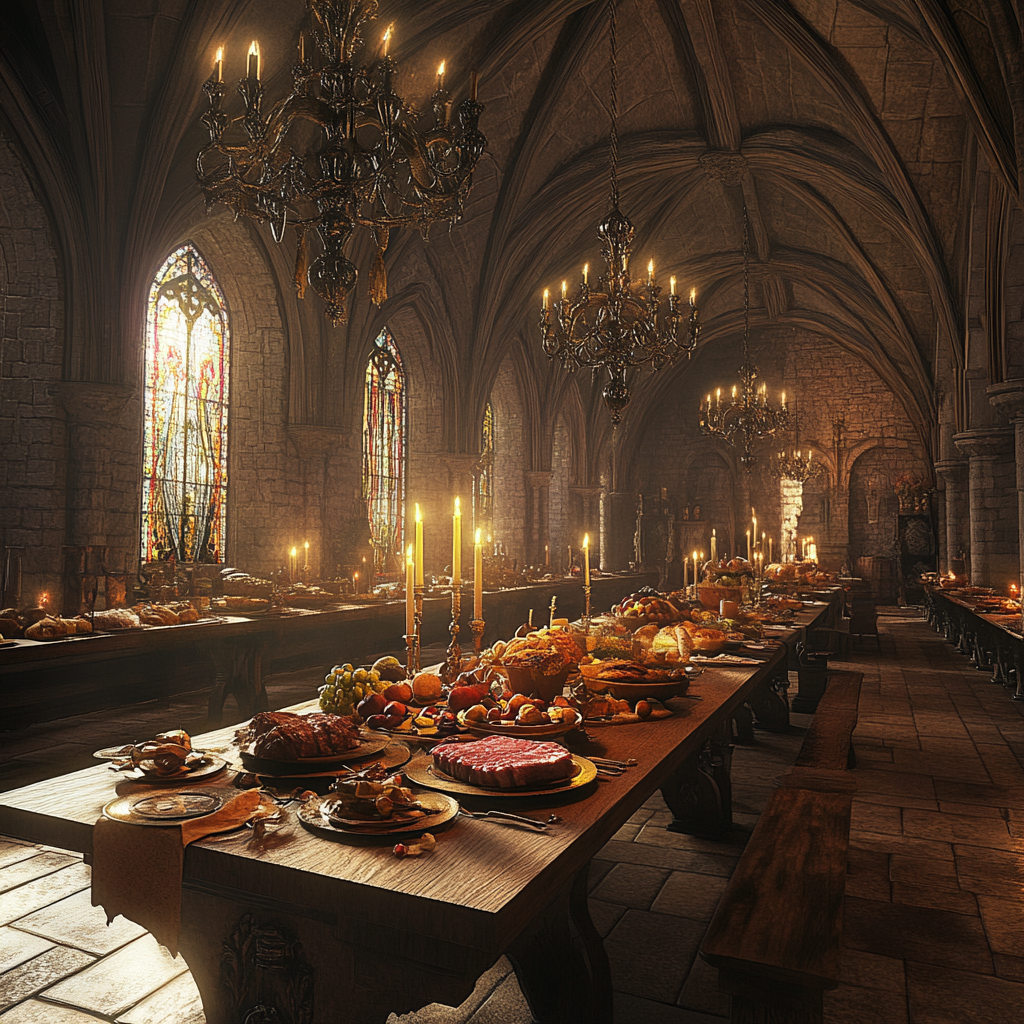 Medieval banquet, candlelight, feast, Midjourney