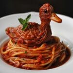 Spaghetti duck, creative food, Midjourney