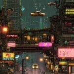 A pixel-art cyberpunk city with neon signs, flying cars, and shadowy alleys in a retro-futuristic style.