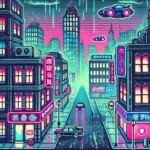 A pixelated cyberpunk city with glowing neon signs, flying cars, and shadowy alleys, evoking a retro aesthetic.