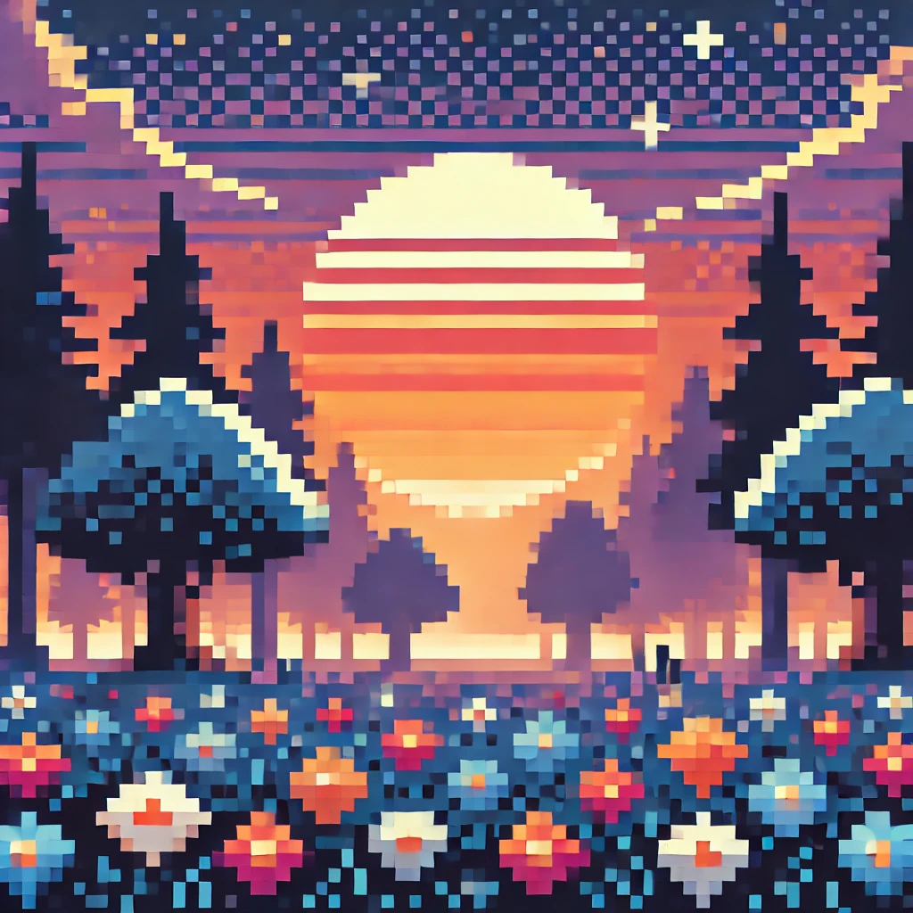 A pixelated forest at dawn with blocky trees, a pixelated sun, and scattered flowers, in a retro 8-bit style.