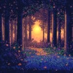 A serene pixel-art forest at dawn with blocky trees, a rising pixelated sun, and soft gradient lighting.