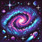 A pixelated galaxy with vibrant stars, a glowing nebula, and small spaceships, evoking an 8-bit retro style.