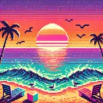 A pixelated beach scene at sunset with a pixelated sun, waves, and seagulls in an 8-bit retro style.