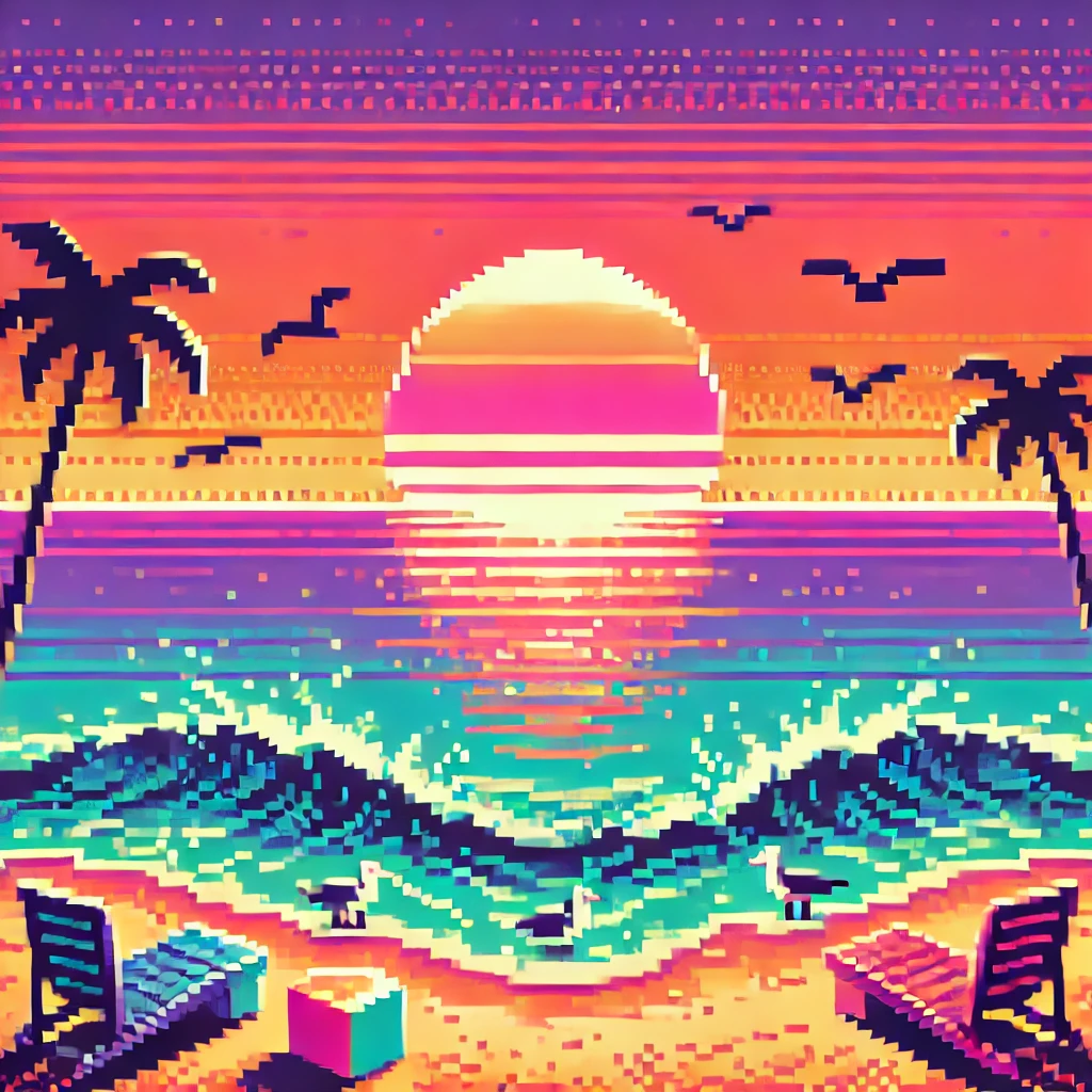 A pixelated beach scene at sunset with a pixelated sun, waves, and seagulls in an 8-bit retro style.