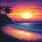 A pixel-art beach sunset with a pixelated sun, colorful waves, and a gradient sky in retro 8-bit style.