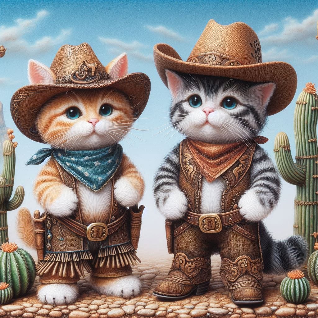 Cats dressed as cowboys, Wild West, DALL-E