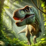 A Tyrannosaurus rex standing amidst vibrant green foliage and sunlight in a prehistoric jungle.